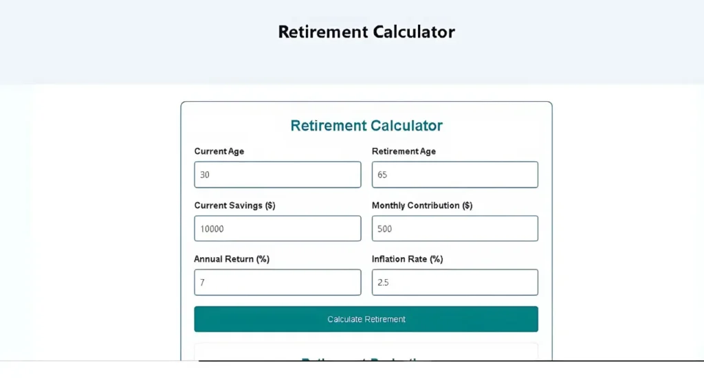 A user-friendly retirement calculator interface showing input fields for age, savings, and contribution rate.