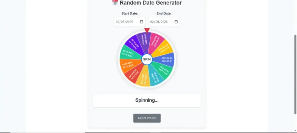 A screenshot showing the user interface of the Random Date Generator Wheel with a start date, end date, and spin button.
